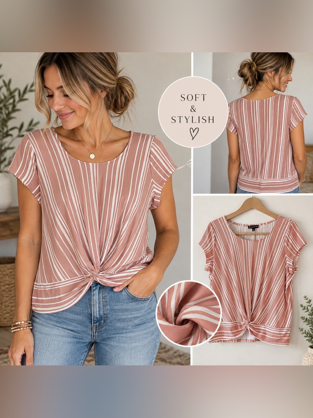 Adrianna Papell Dusty Rose & White Striped Twist-Front Short Sleeve Top
